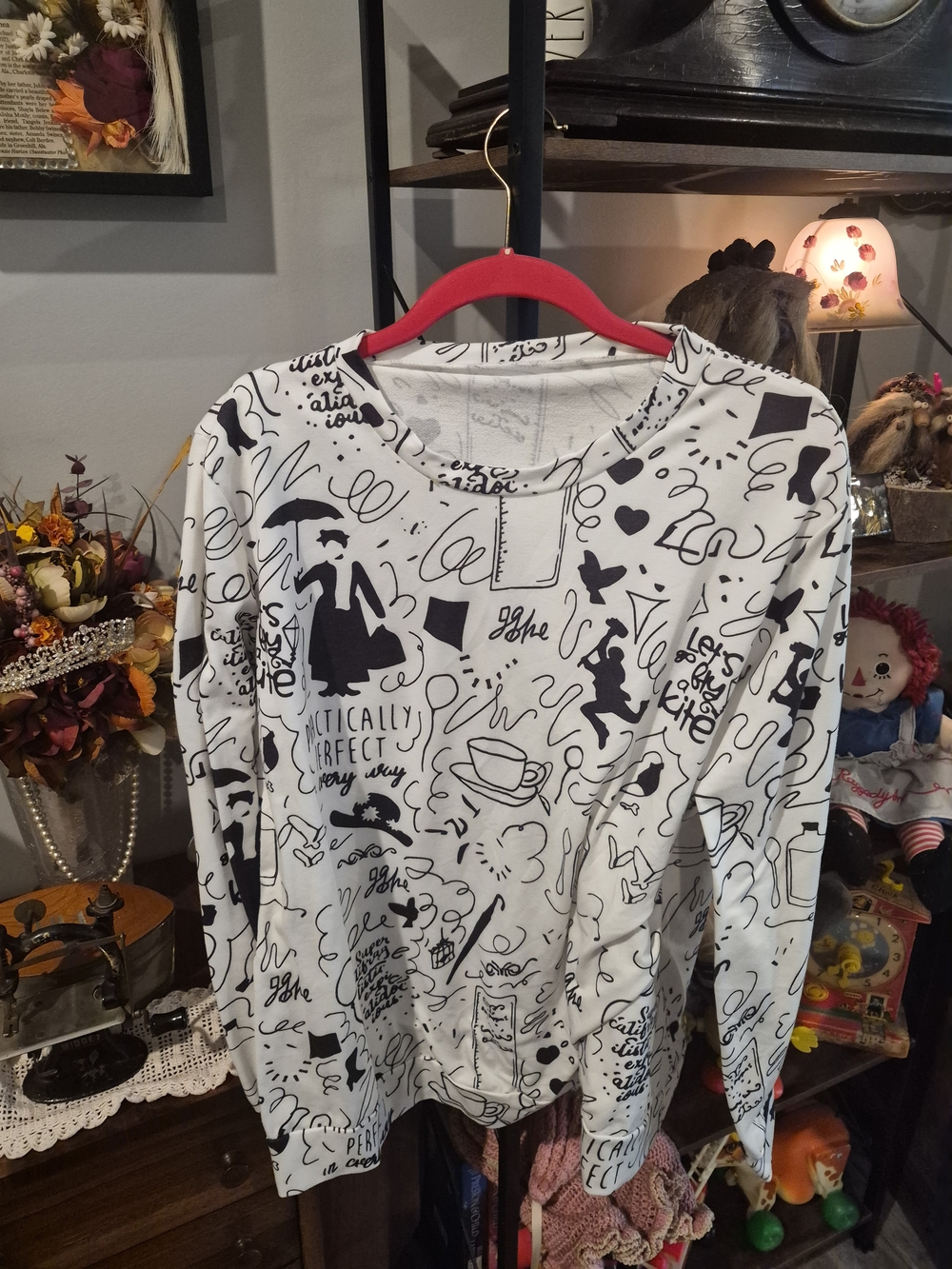 Black & White Sketch Print Long Sleeve Top